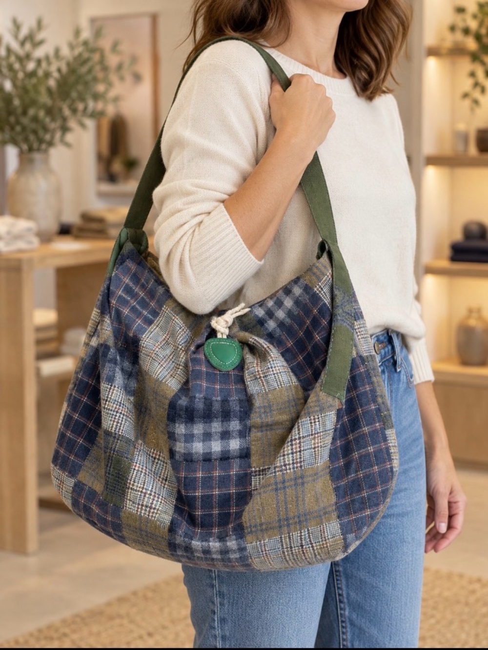 Plaid Patchwork Shoulder Bag in Blue and Olive with Green Accent